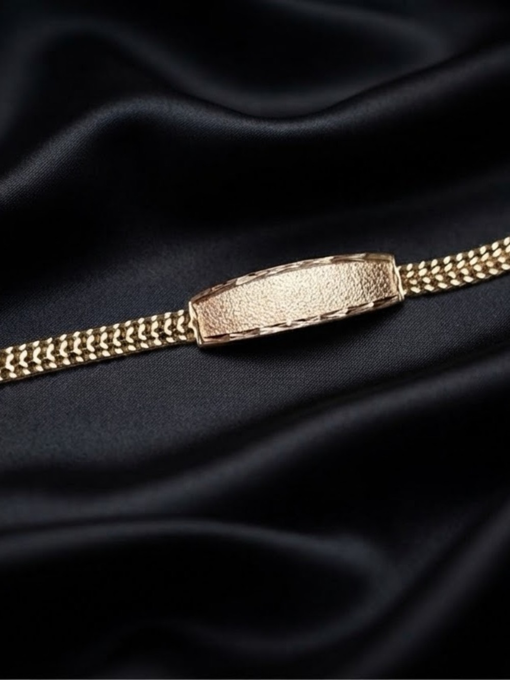 Gold Tone Women's ID Bracelet - Sleek Textured Plate 7” long 14K gold plated